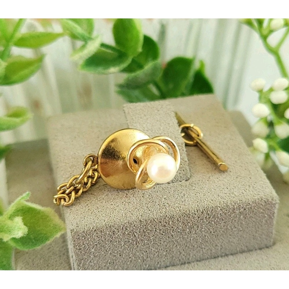 Vintage 14K Gold Pearl Tie Tack Pin Swirl Gold Tone Chain Men's Formal